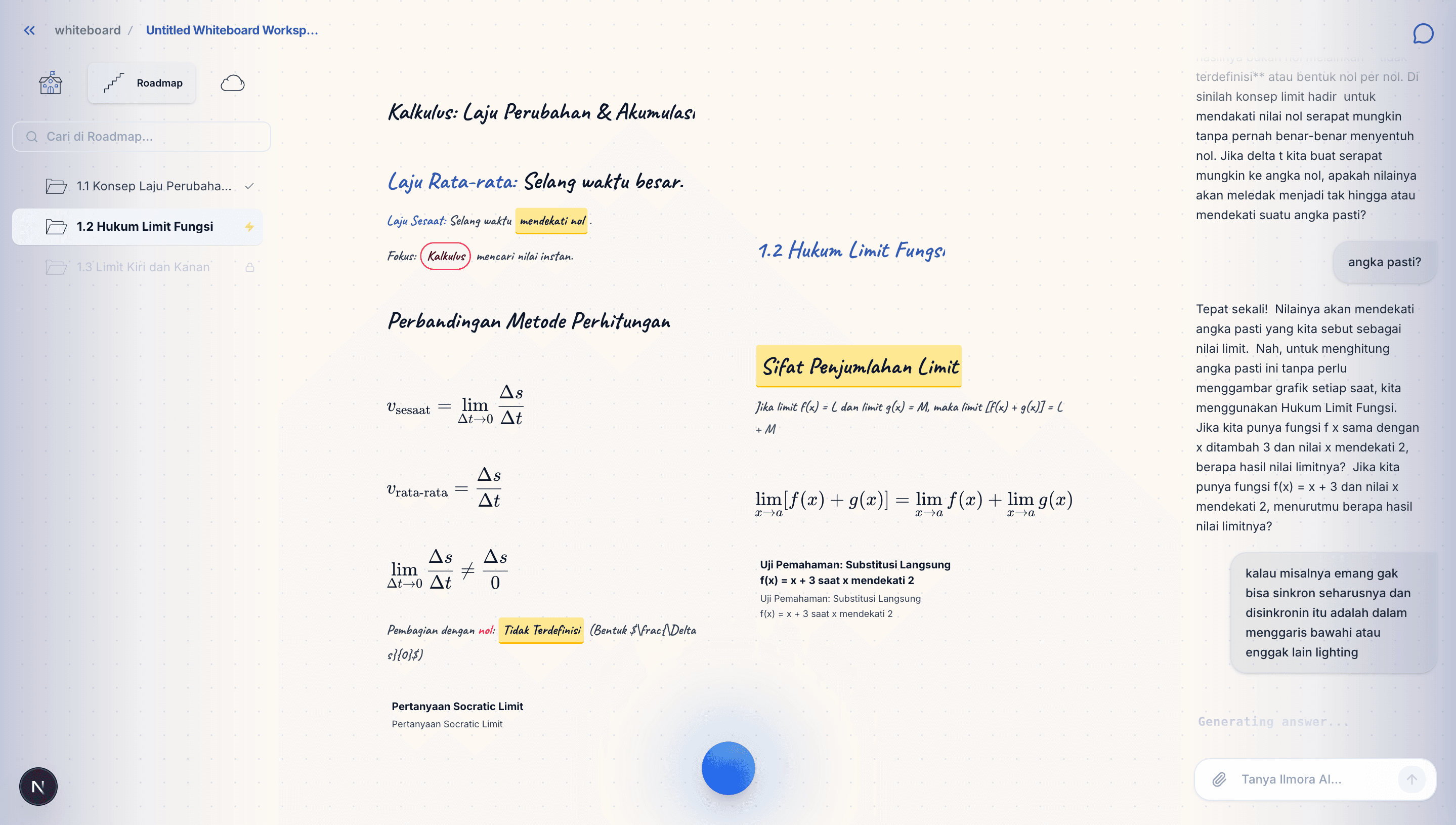Ilmora whiteboard: handwritten notes and limit formulas written by the AI