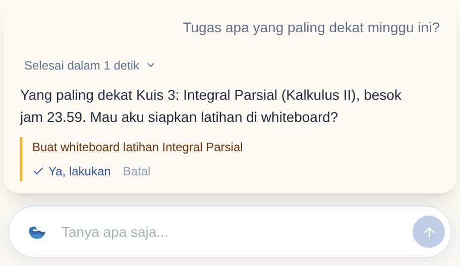 Ilmora Agent naming the nearest deadline and offering to set up a practice whiteboard