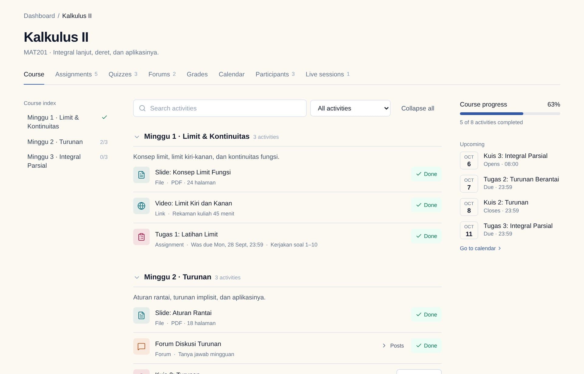 Kalkulus II course page in Ilmora: weekly sections and activities synced from the campus portal